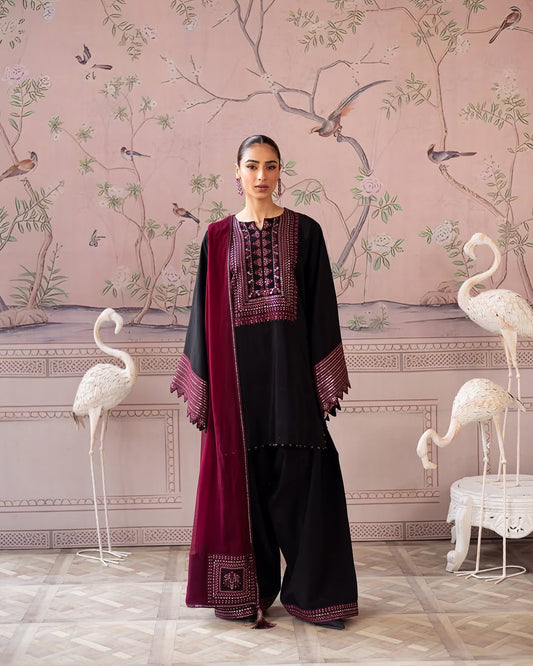 Charizma Brand Most Viral Black Colour With Embroidered Unstitched 3 Piece Dress
