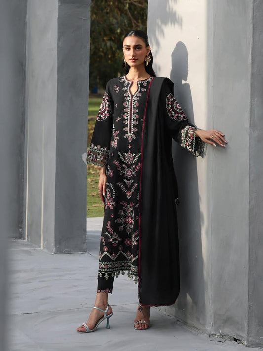 Edenrube Brand Black Colour Most Popular Dhanak Embroidery 3 Piece Unstitched Dress