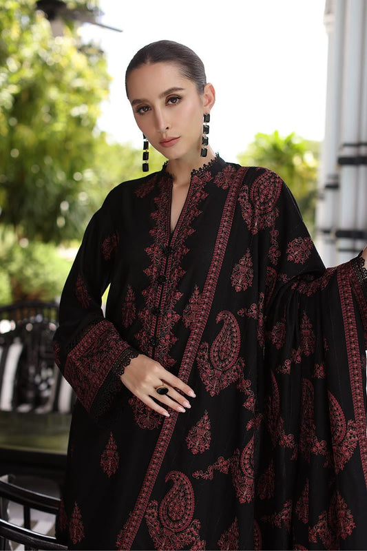 Bareeze Brand Premium Quality Dhanak Heavy Embroidered 3Pc Unstitched Black Dress With Embroidery Shawl