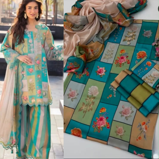 Shemoz Silk Printed With Printed Chiffon Dupatta 3 Piece