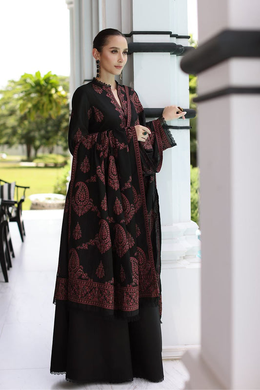 Bareeze Brand Premium Quality Dhanak Heavy Embroidered 3Pc Unstitched Black Dress With Embroidery Shawl