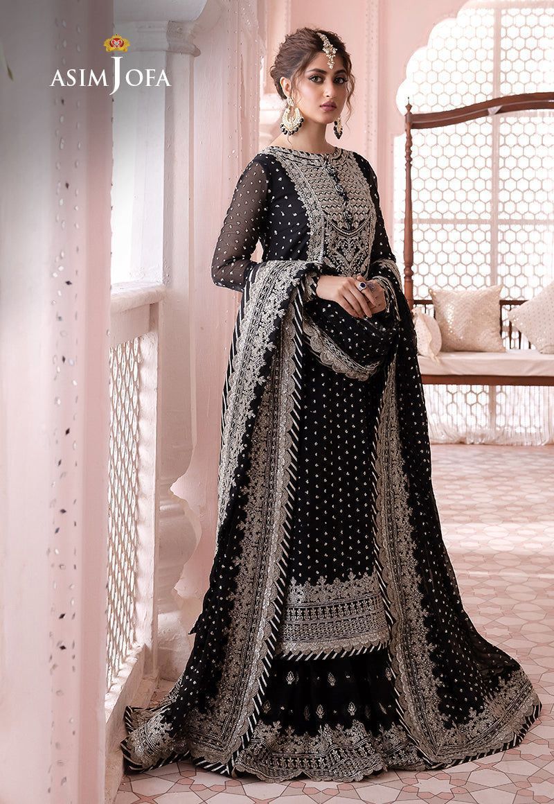 ASIM JOFA - LUXURY BLACK CHIFFON PARTY WEAR & WEDDING UNSTITCHED DRESS